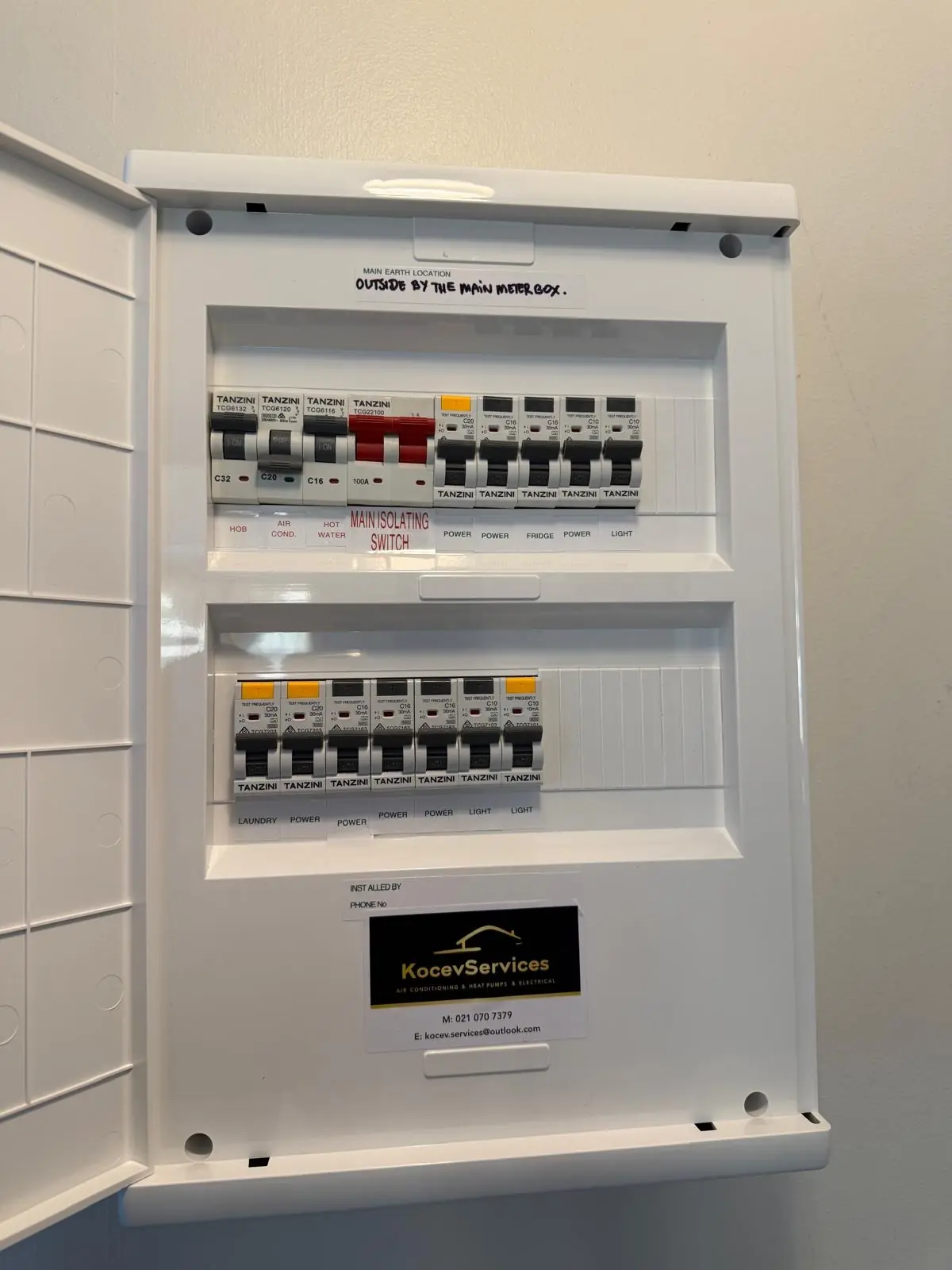 The switchboard that replaced it: a modern RCBO board with every circuit labelled