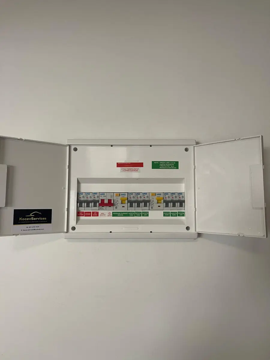 A finished switchboard replacement with colour-coded circuit labels and compliance labels fitted